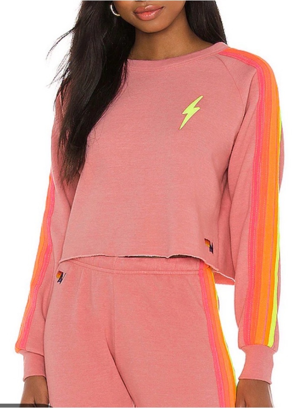 Aviator Nation bolt cropped classic crewneck sweatshirt in rose & neon sz M